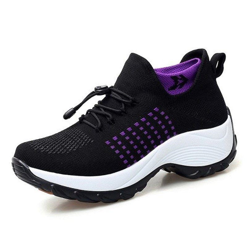 Dames Orthopedische Gedempt Vetersluiting Platform Sneakers - Black Purple