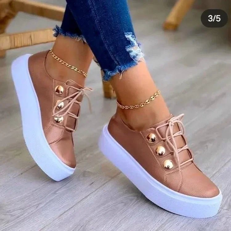 Dames Orthopedische Plateausneakers Ronde Neus Vetersluiting - Rose Gold