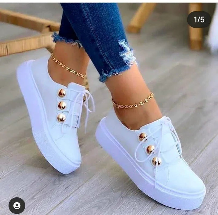 Dames Orthopedische Plateausneakers Ronde Neus Vetersluiting - White (Almost sold out!)