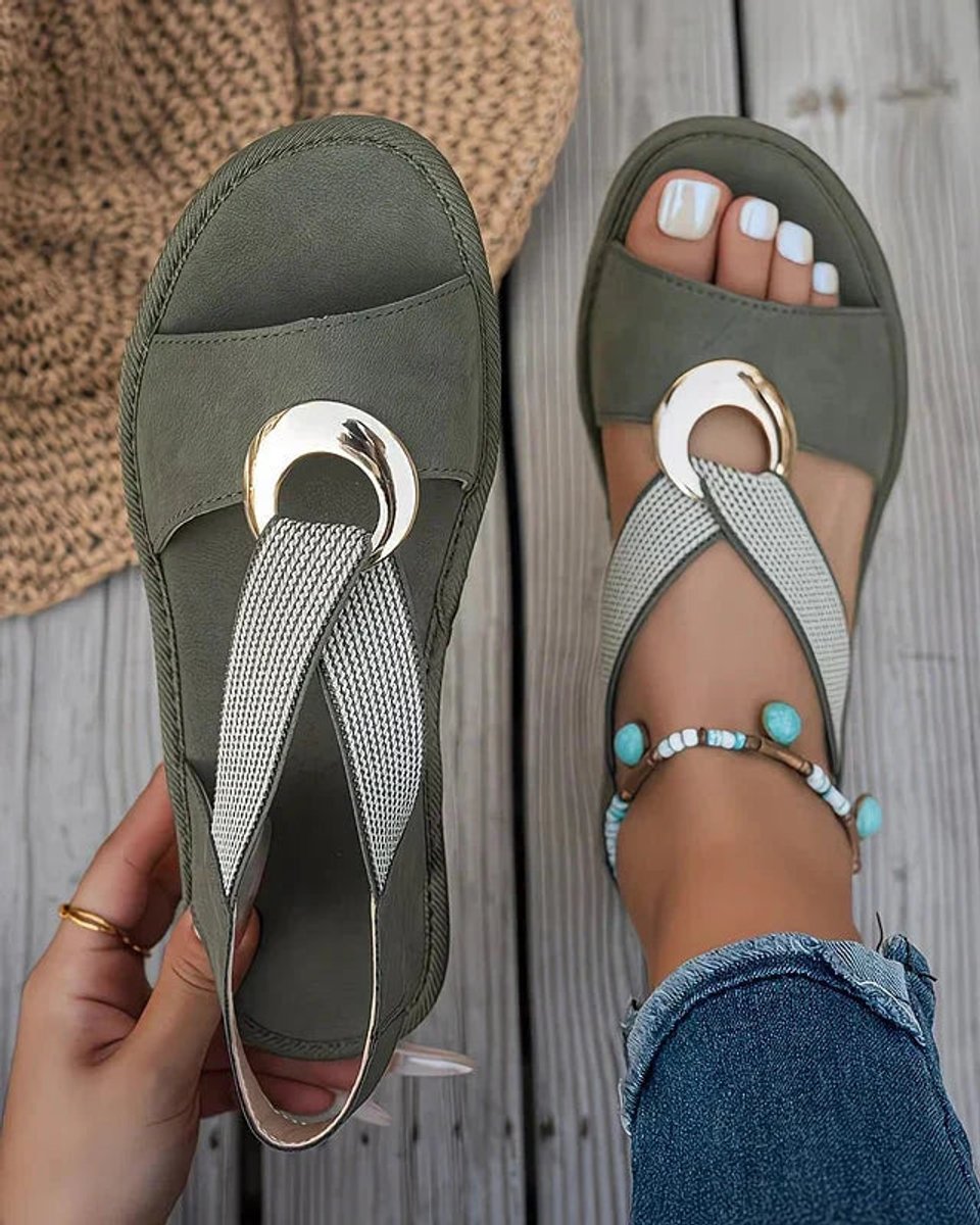 Dames Orthopedische Platte Sandalen Elastische Bandjes Gouden Gesp - Groen