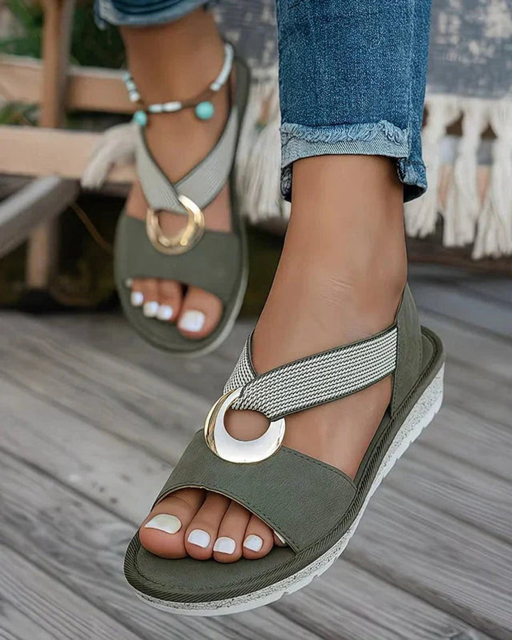 Dames Orthopedische Platte Sandalen Elastische Bandjes Gouden Gesp