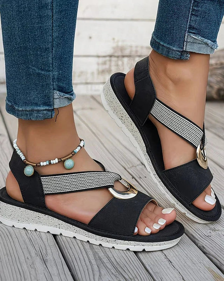 Dames Orthopedische Platte Sandalen Elastische Bandjes Gouden Gesp
