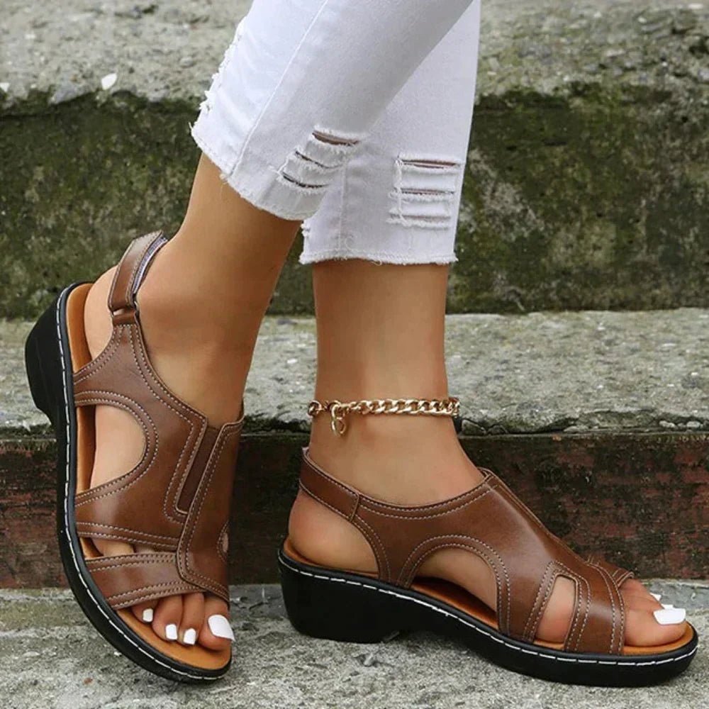 Dames Orthopedische PU-Leren Sleehak Sandalen Brede Pasvorm - Brown