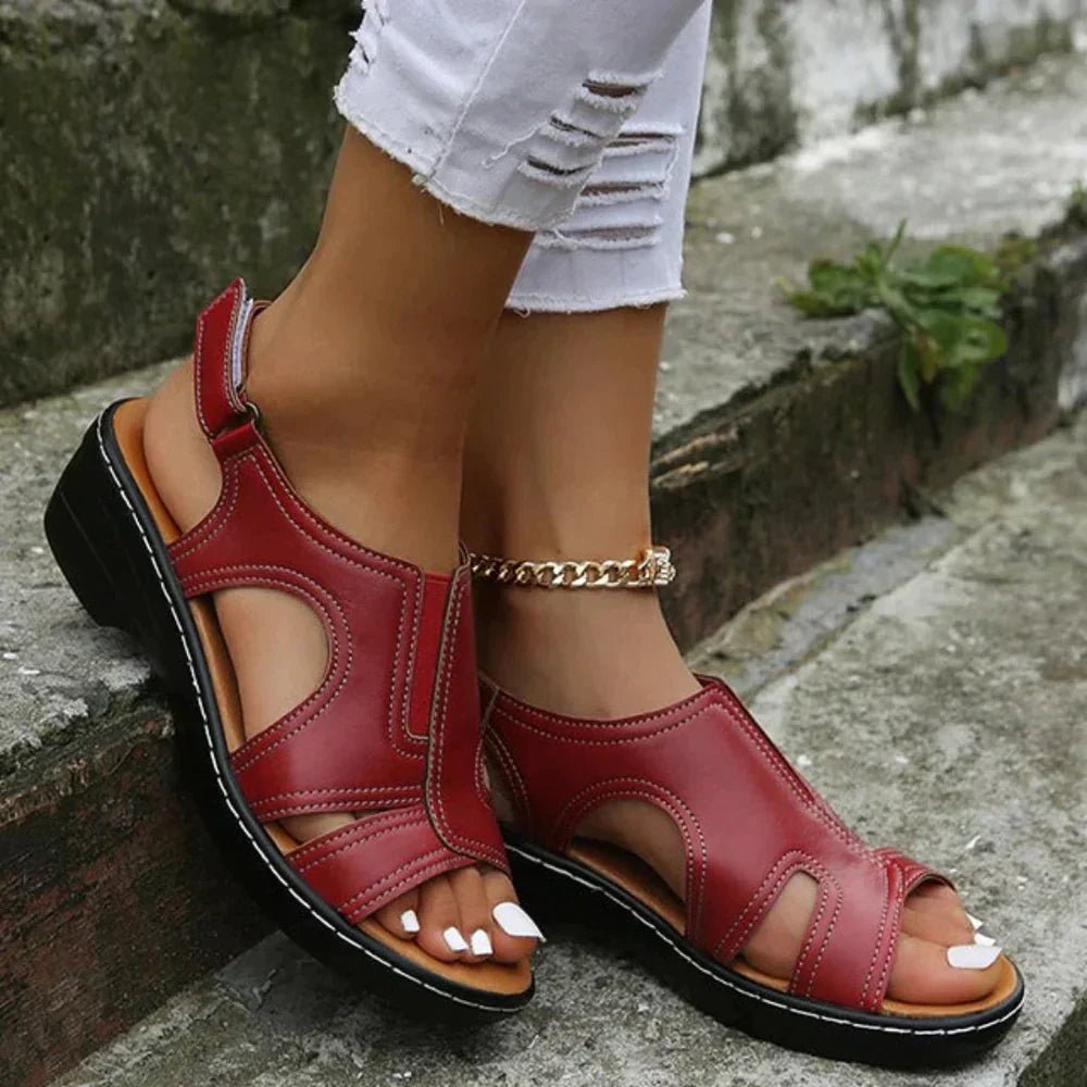 Dames Orthopedische PU-Leren Sleehak Sandalen Brede Pasvorm - Red