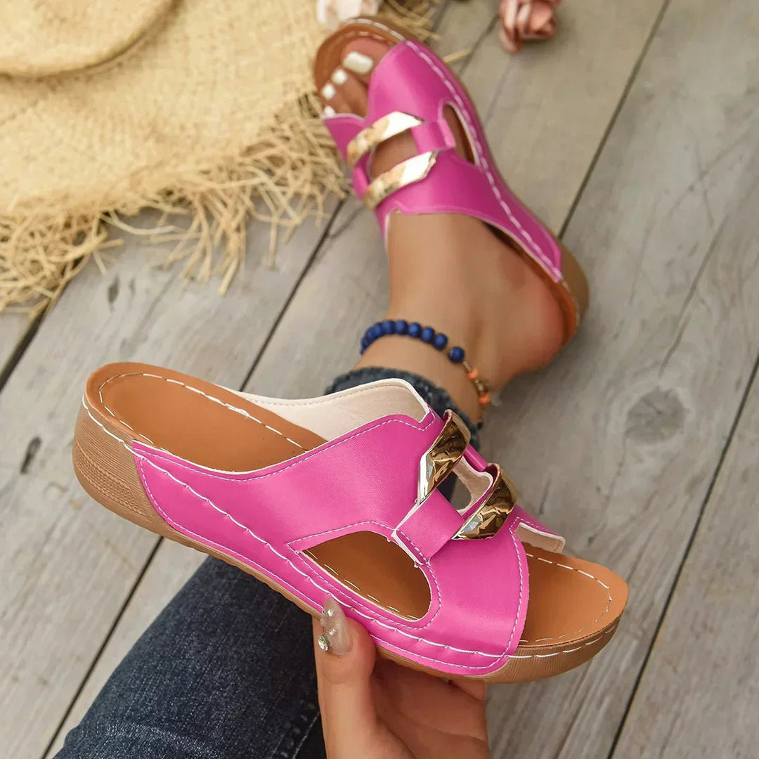 Dames Orthopedische Sleehak Sandalen met Gouden Gesp