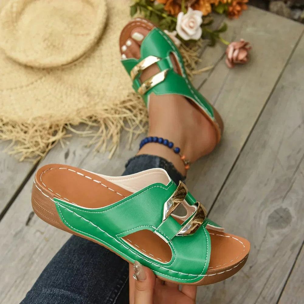 Dames Orthopedische Sleehak Sandalen met Gouden Gesp - Green