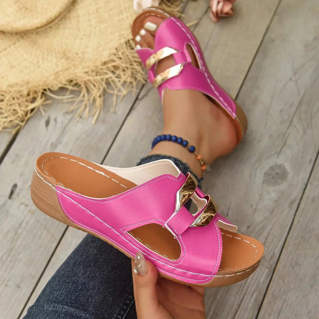 Dames Orthopedische Sleehak Sandalen met Gouden Gesp - Pink