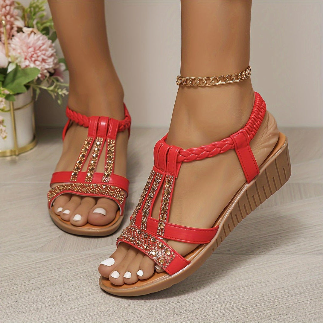 Dames Orthopedische T-Strap Sleehakken Sandalen - Red