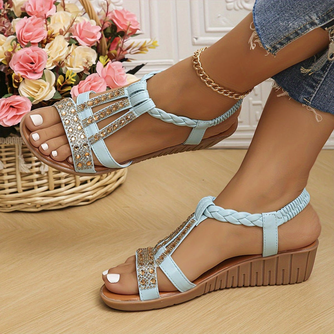 Dames Orthopedische T-Strap Sleehakken Sandalen - Light Blue