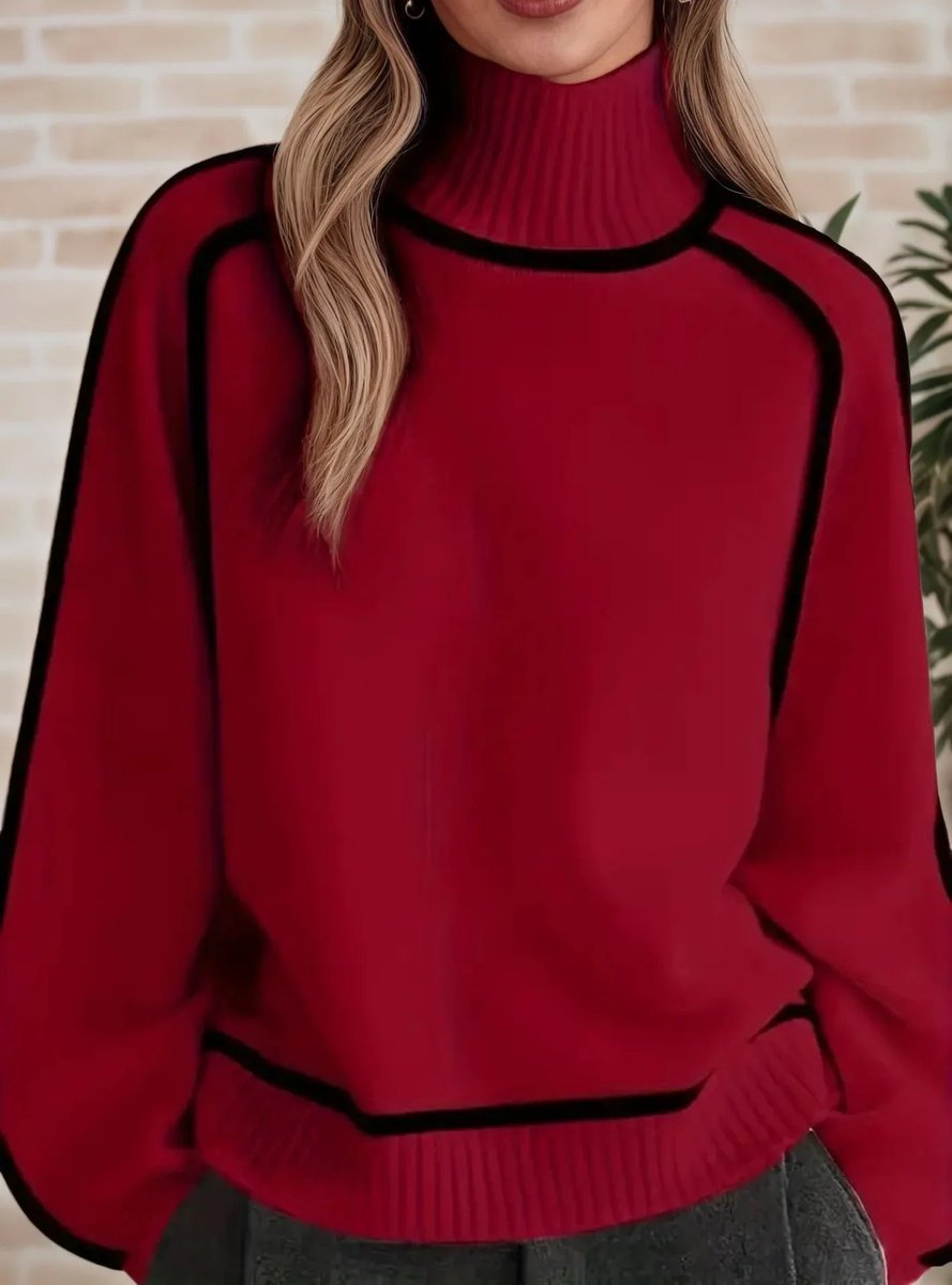 Dames Oversized Coltrui Tweekleurige Gebreide Raglan Sweater - Rood