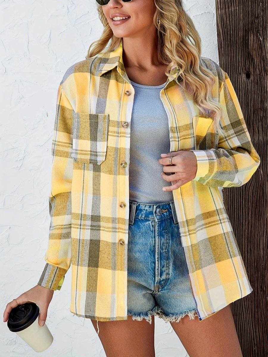 Dames Oversized Geruit Flanel Cardigan Overhemd Lange Mouw
