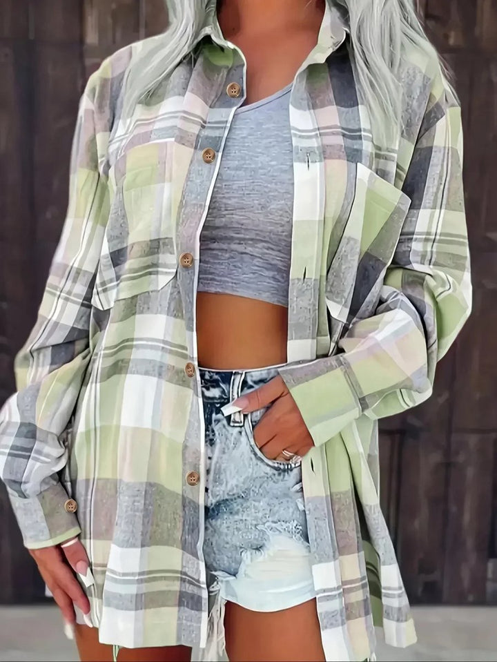 Dames Oversized Geruit Flanel Cardigan Overhemd Lange Mouw - Groen