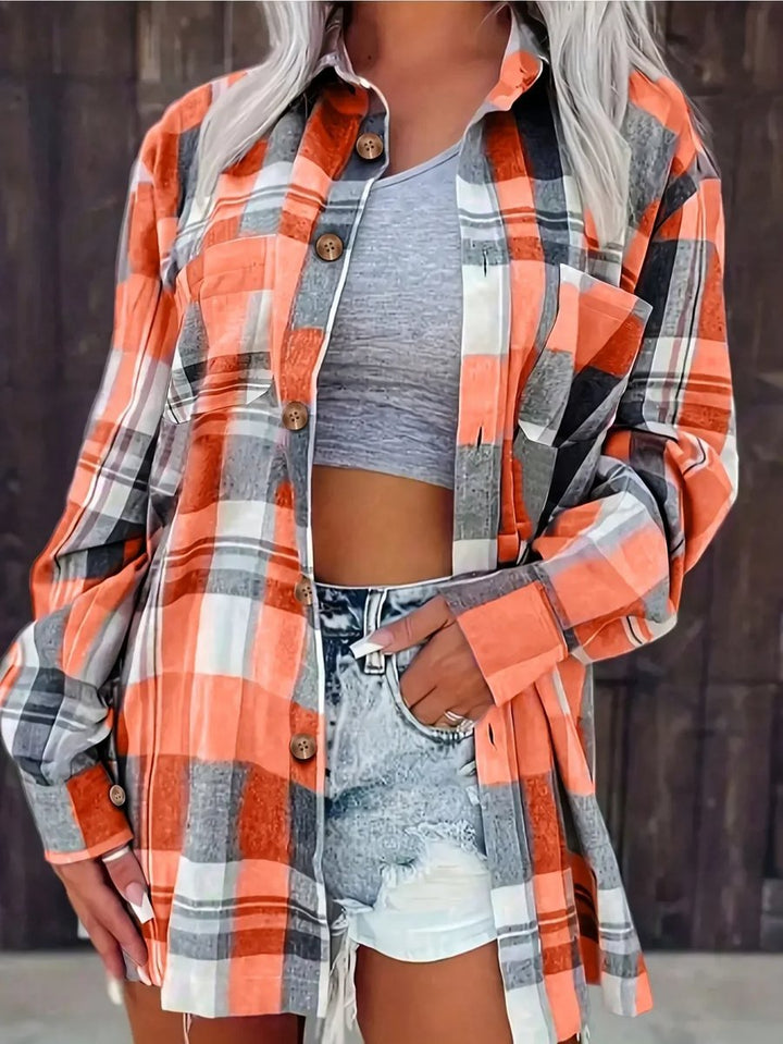 Dames Oversized Geruit Flanel Cardigan Overhemd Lange Mouw - Oranje