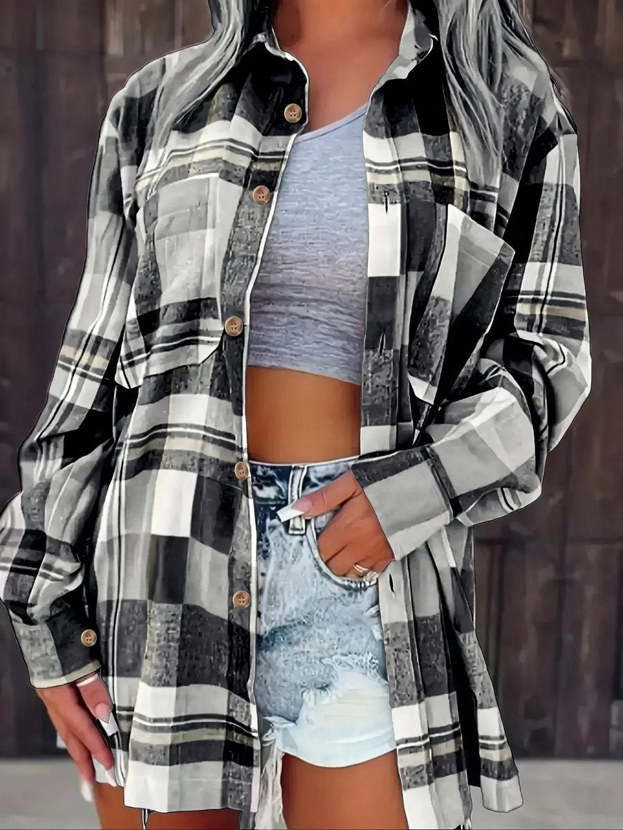 Dames Oversized Geruit Flanel Cardigan Overhemd Lange Mouw - Zwart