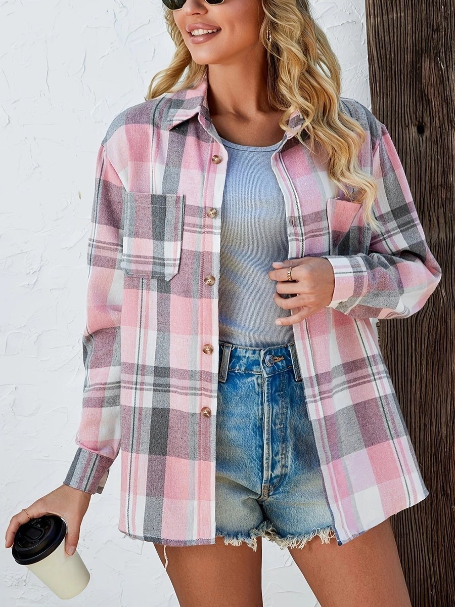 Dames Oversized Geruit Flanel Cardigan Overhemd Lange Mouw