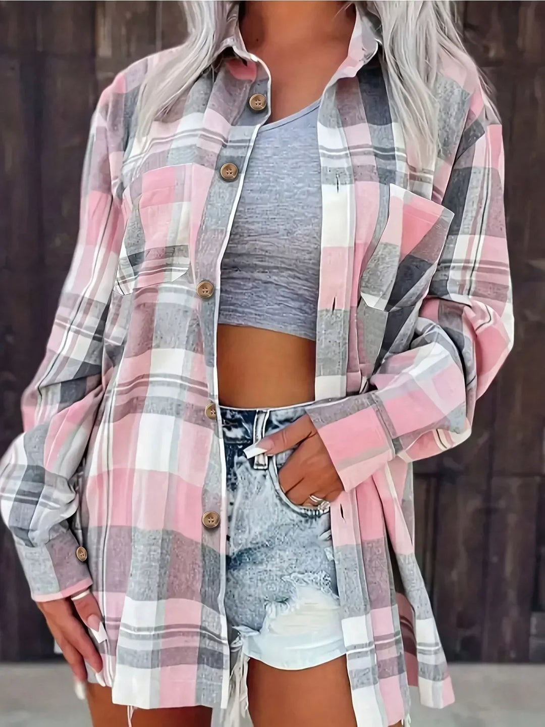 Dames Oversized Geruit Flanel Overhemd met Lange Mouwen - Pink