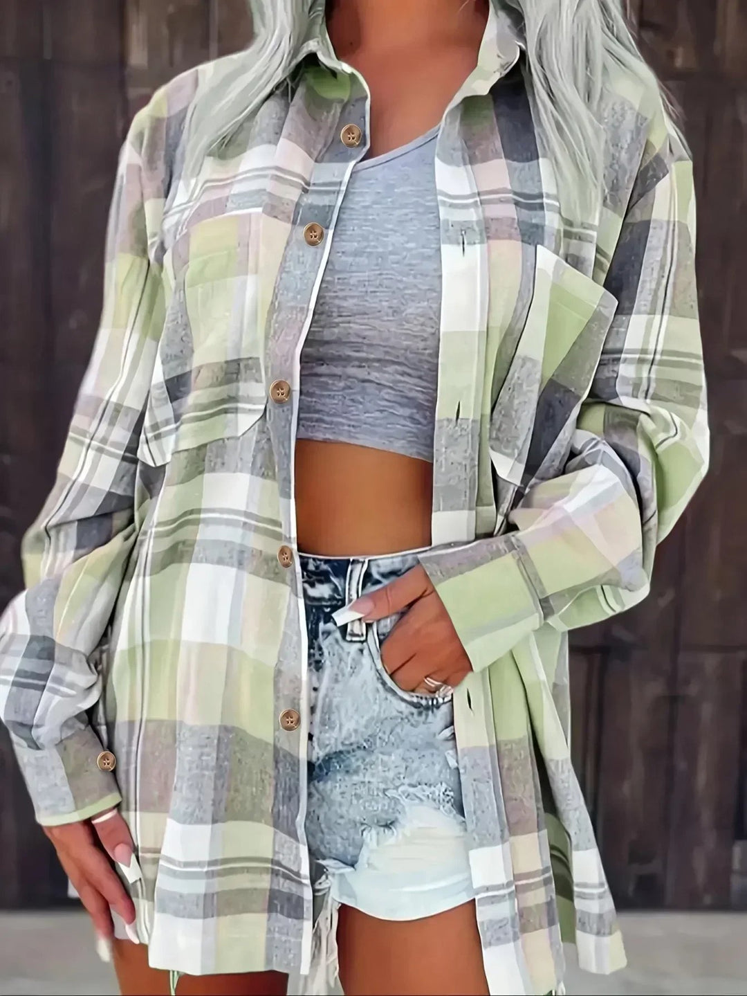 Dames Oversized Geruit Flanel Overhemd met Lange Mouwen - Green