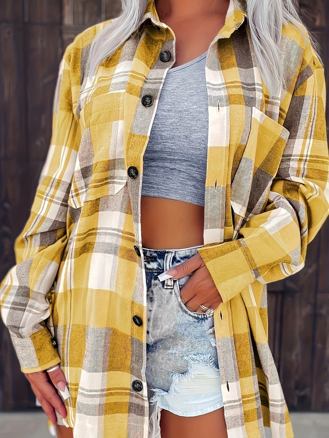 Dames Oversized Geruit Flanel Overhemd met Lange Mouwen - Yellow