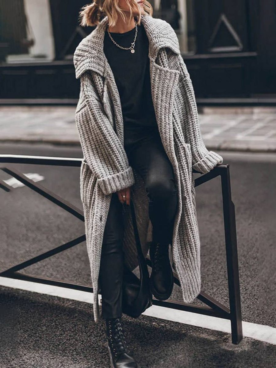 Dames Oversized Grofgebreide Revers Cardigan Longline - Grijs