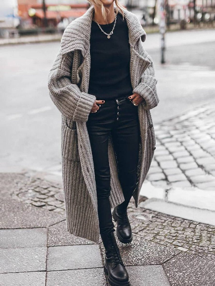 Dames Oversized Grofgebreide Revers Cardigan Longline