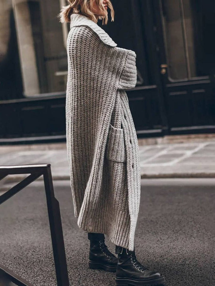 Dames Oversized Grofgebreide Revers Cardigan Longline