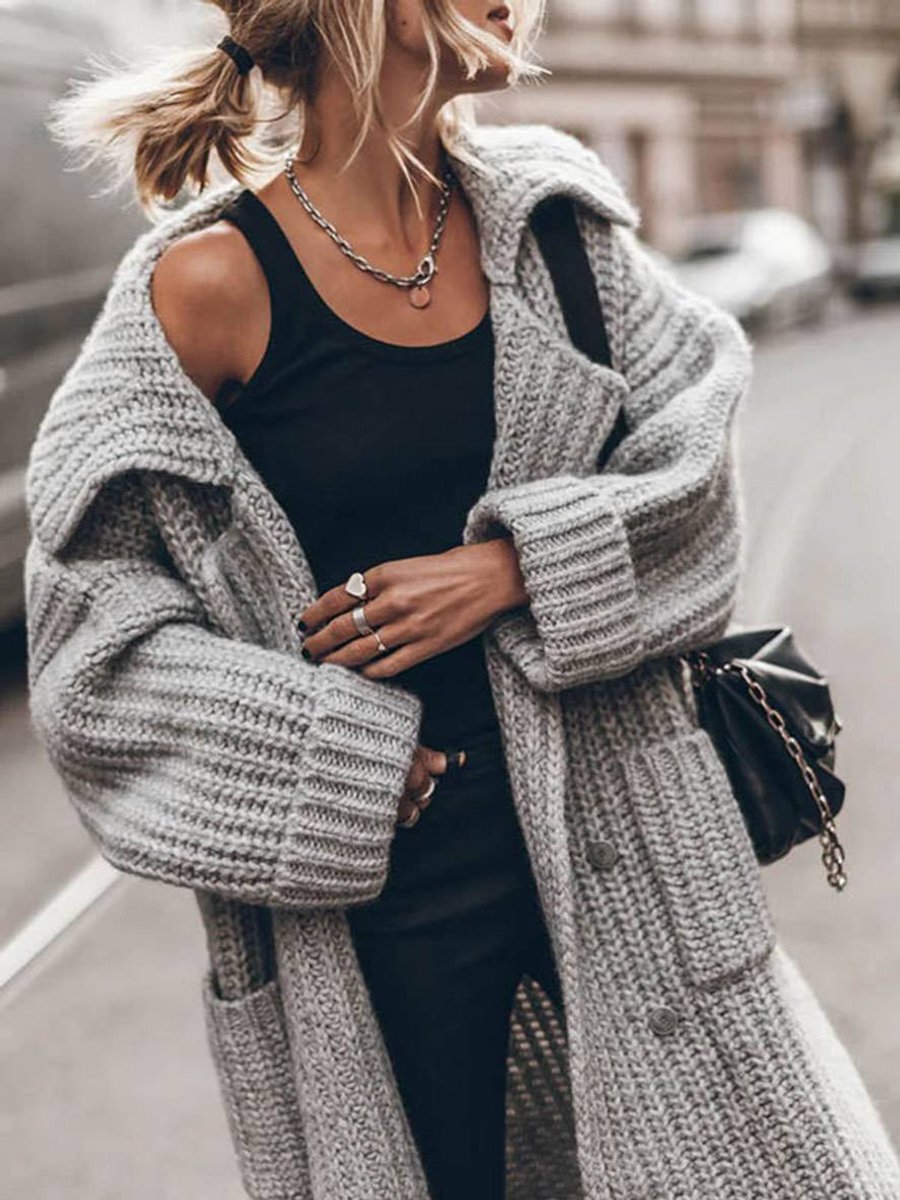 Dames Oversized Grofgebreide Revers Cardigan Longline
