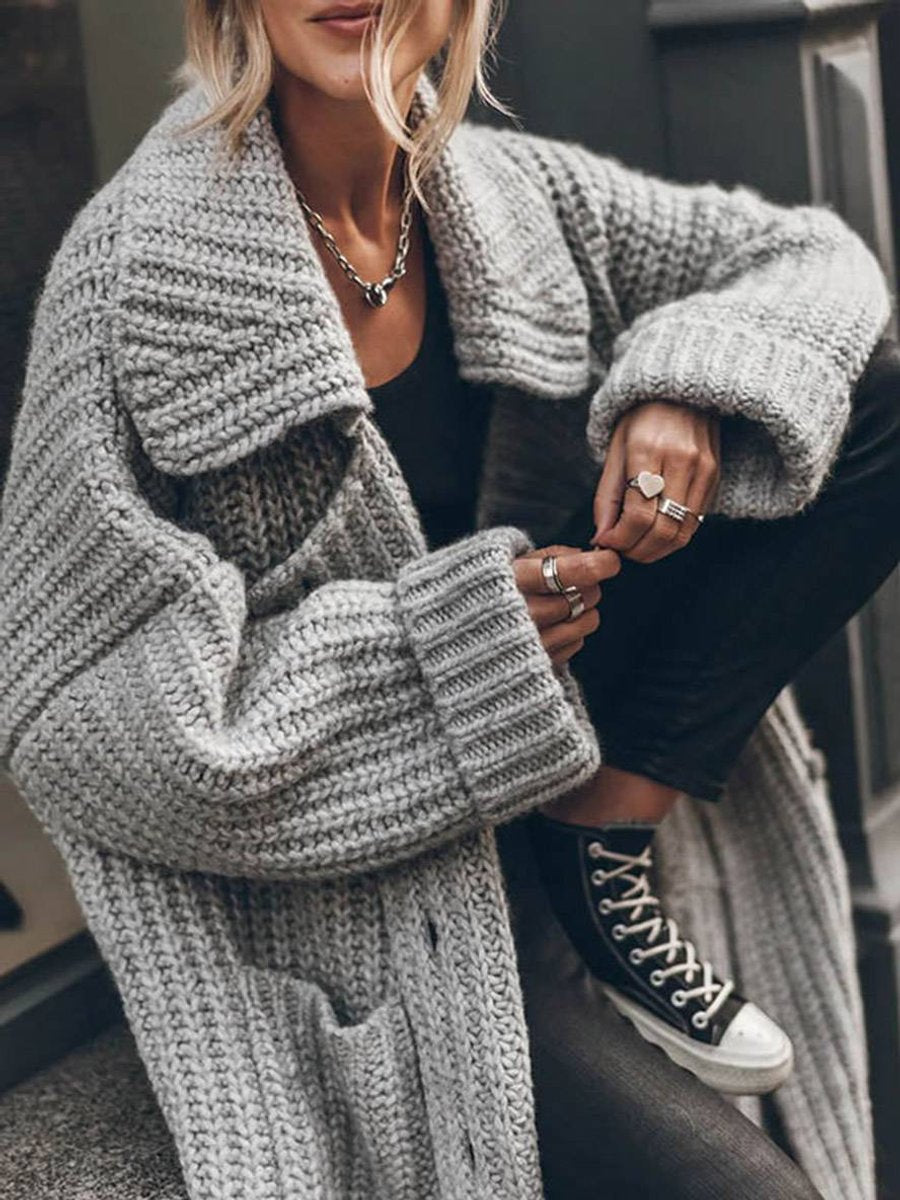 Dames Oversized Grofgebreide Revers Cardigan Longline