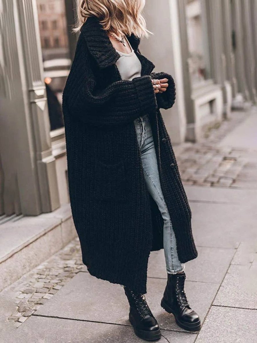 Dames Oversized Grofgebreide Revers Cardigan Longline - Zwart