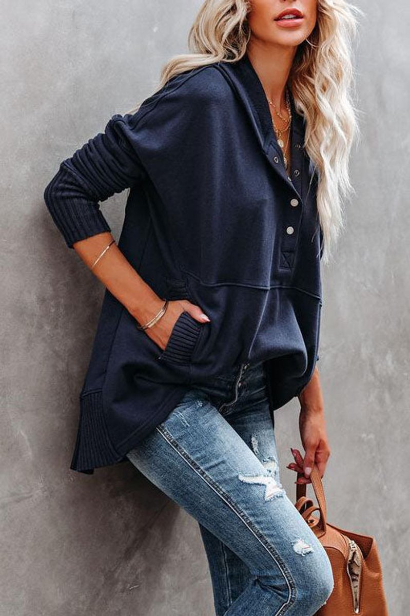 Dames Oversized Hoodie Tuniek Lange Mouwen Knoopsluiting