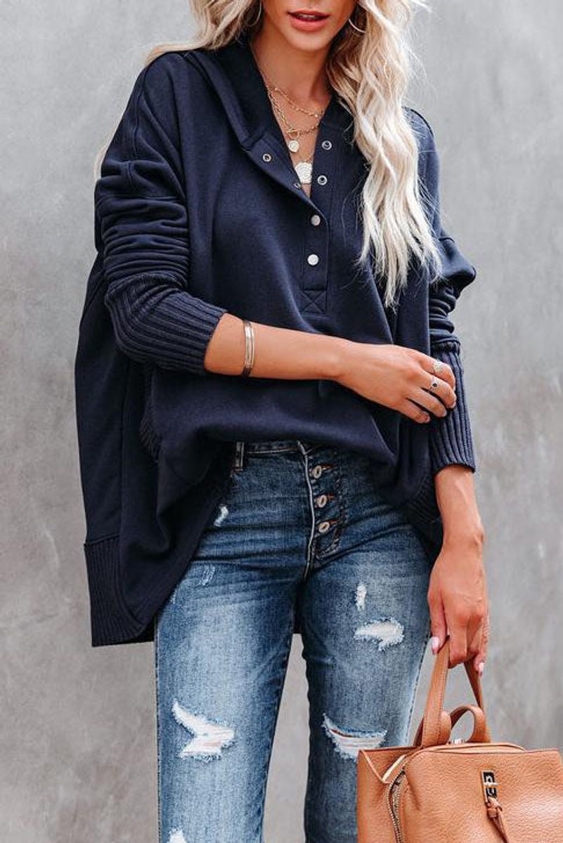 Dames Oversized Hoodie Tuniek Lange Mouwen Knoopsluiting