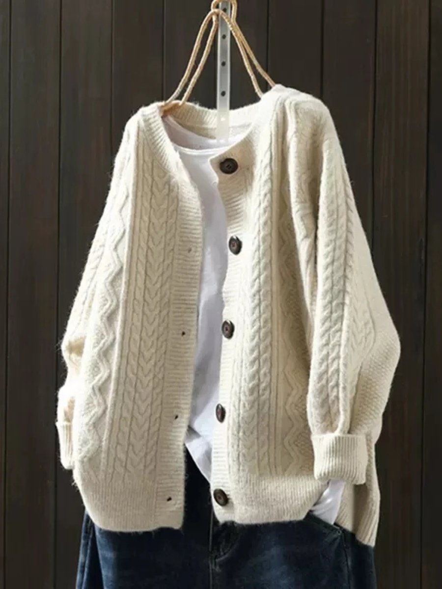 Dames Oversized Kabelgebreide Cardigan Knoop - Beige