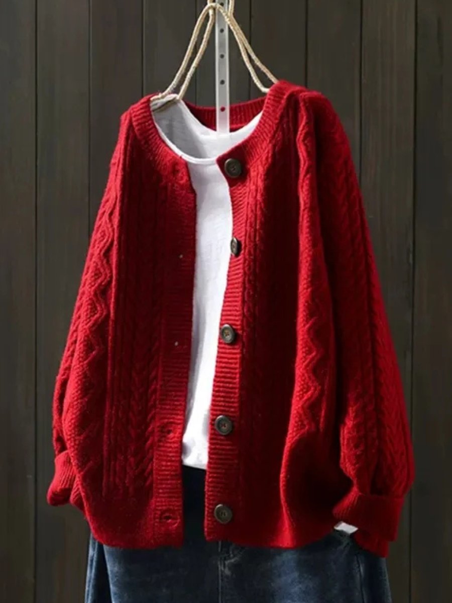 Dames Oversized Kabelgebreide Cardigan Knoop - Rood