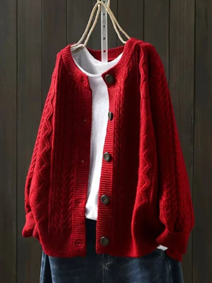 Dames Oversized Kabelgebreide Cardigan Knoop - Rood
