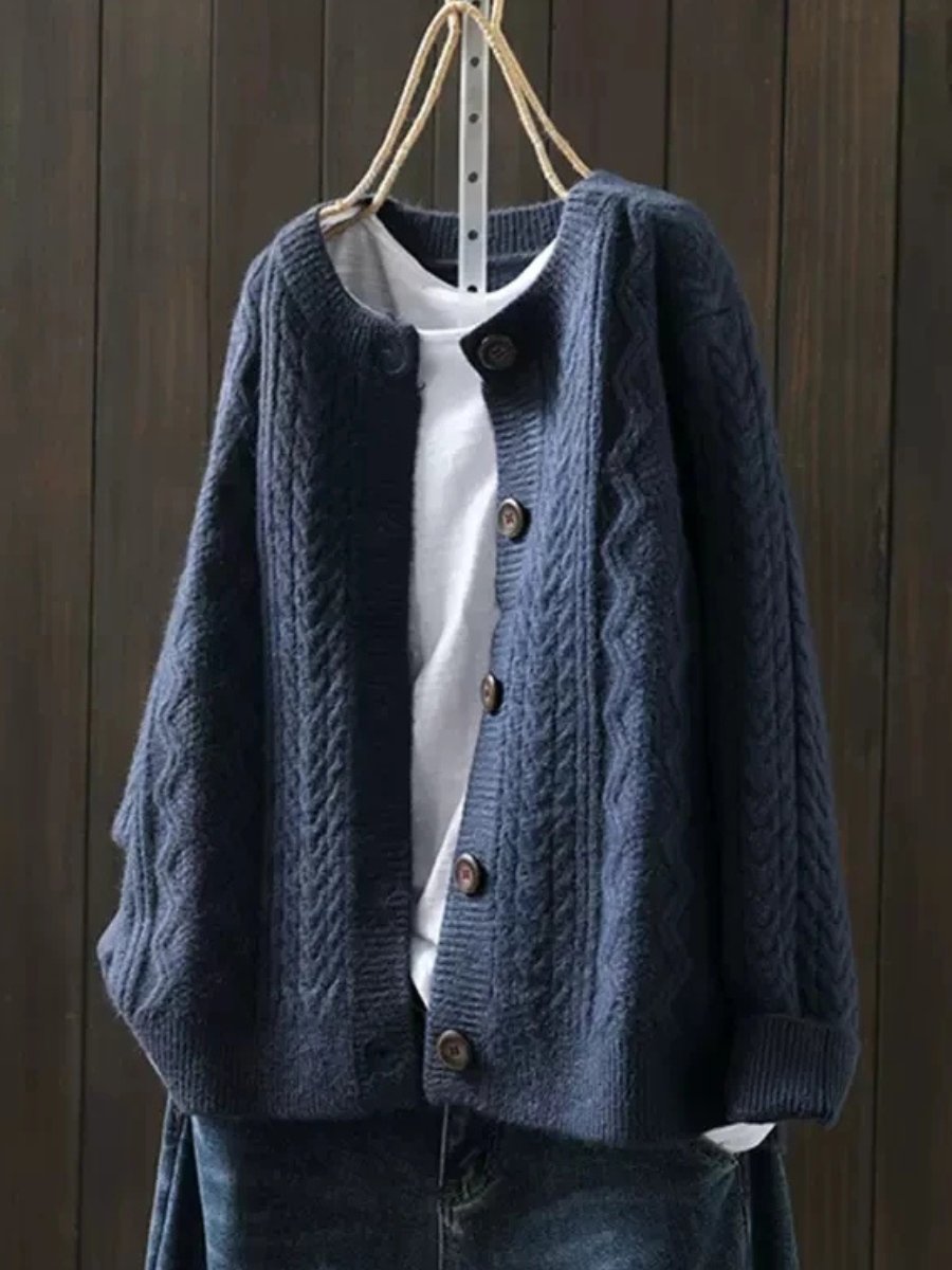 Dames Oversized Kabelgebreide Cardigan Knoop - Marineblauw