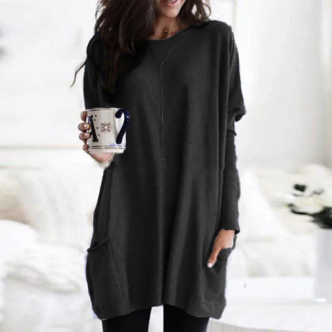 Dames Oversized Langarm Tunic met Zakken Ronde Hals - Zwart