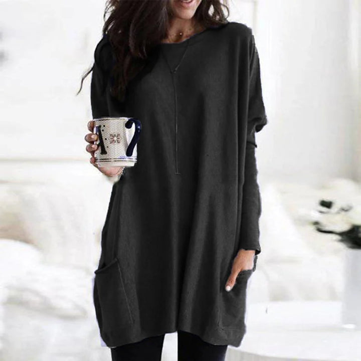Dames Oversized Langarm Tunic met Zakken Ronde Hals - Zwart