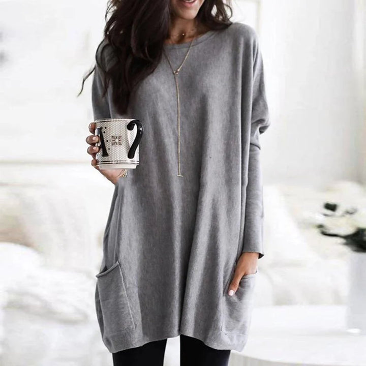 Dames Oversized Langarm Tunic met Zakken Ronde Hals - Grijs