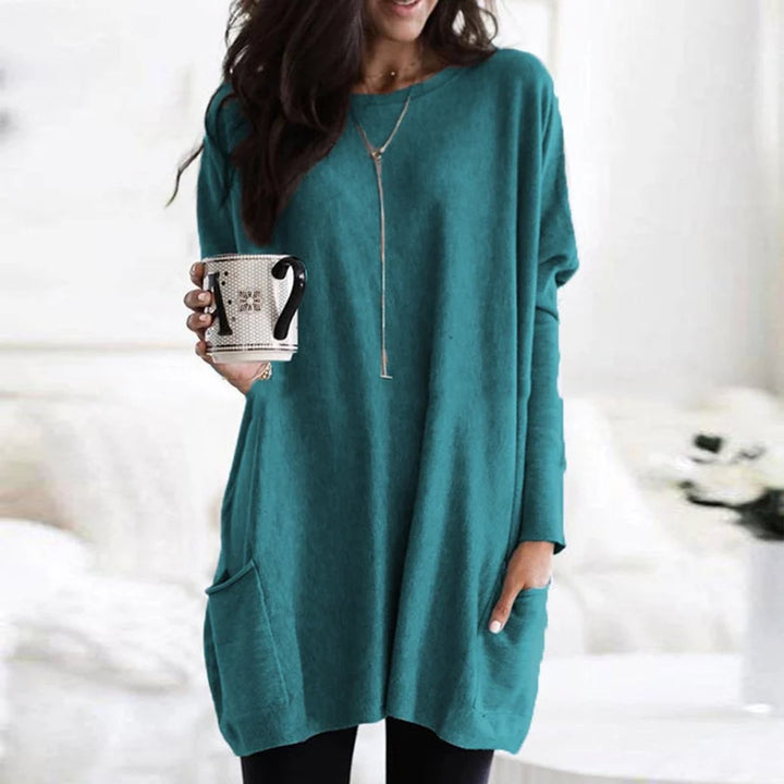Dames Oversized Langarm Tunic met Zakken Ronde Hals - Turkoois