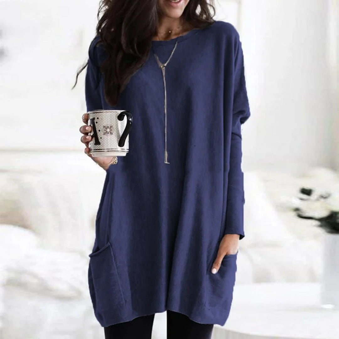 Dames Oversized Langarm Tunic met Zakken Ronde Hals - Marineblauw