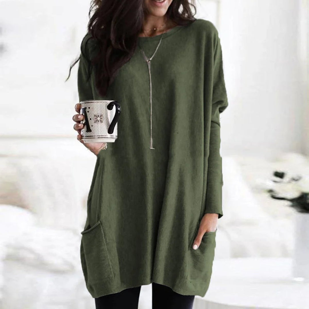Dames Oversized Langarm Tunic met Zakken Ronde Hals - Olijfgroen