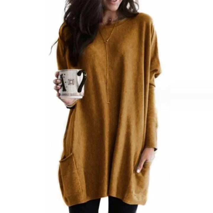 Dames Oversized Langarm Tunic met Zakken Ronde Hals - Bruin