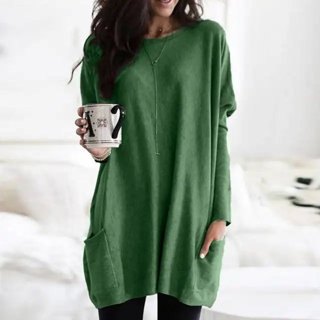 Dames Oversized Langarm Tunic met Zakken Ronde Hals