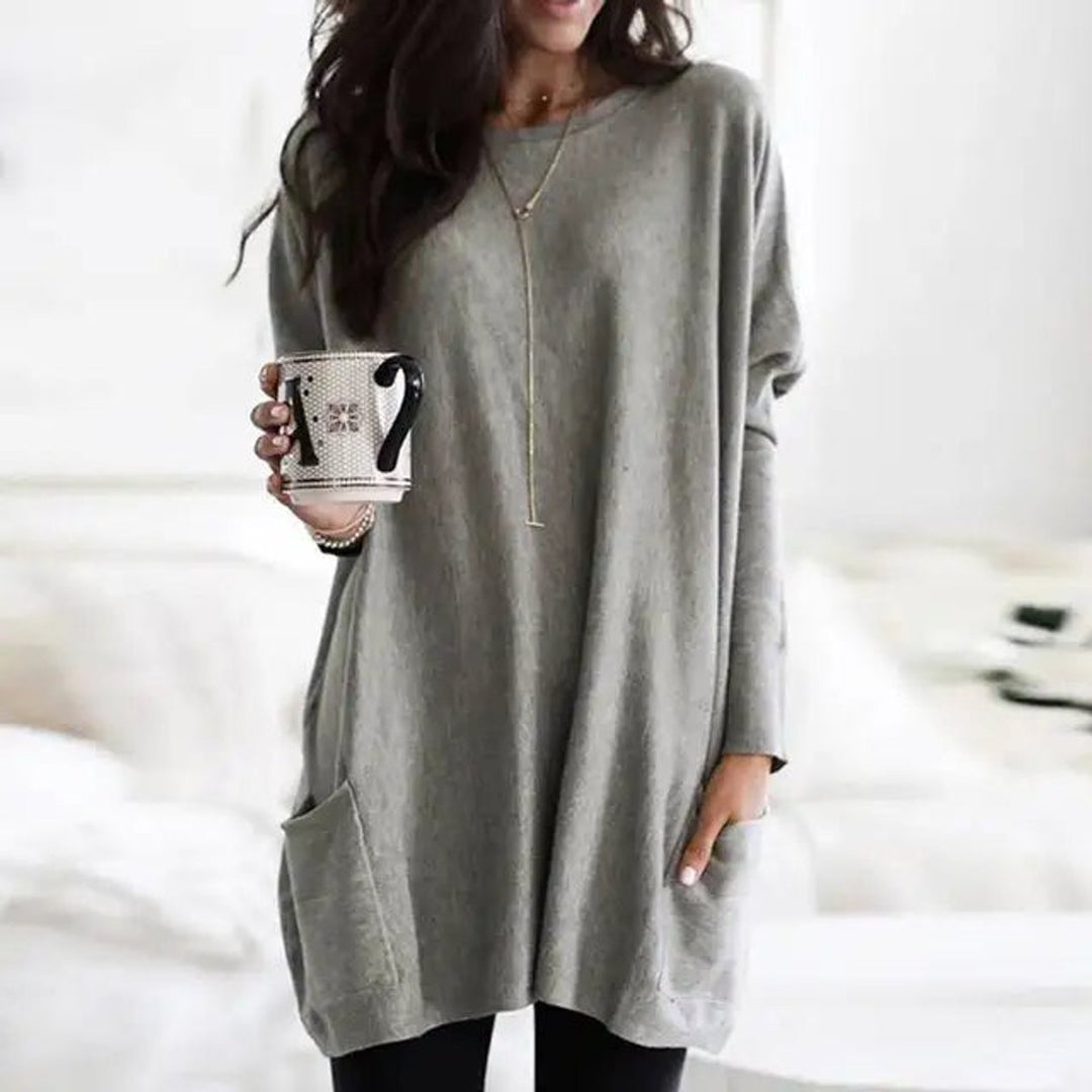 Dames Oversized Langarm Tunic met Zakken Ronde Hals
