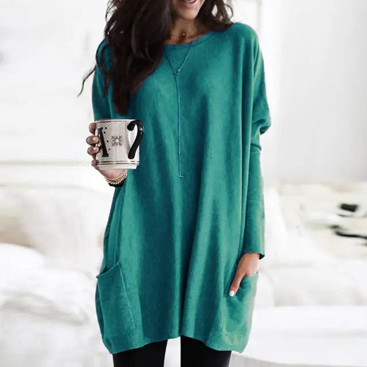 Dames Oversized Langarm Tunic met Zakken Ronde Hals