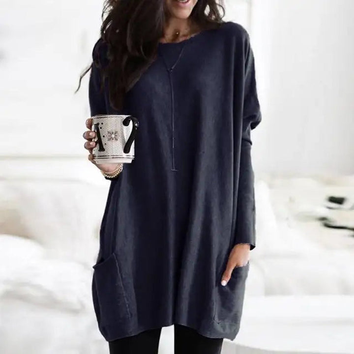 Dames Oversized Langarm Tunic met Zakken Ronde Hals