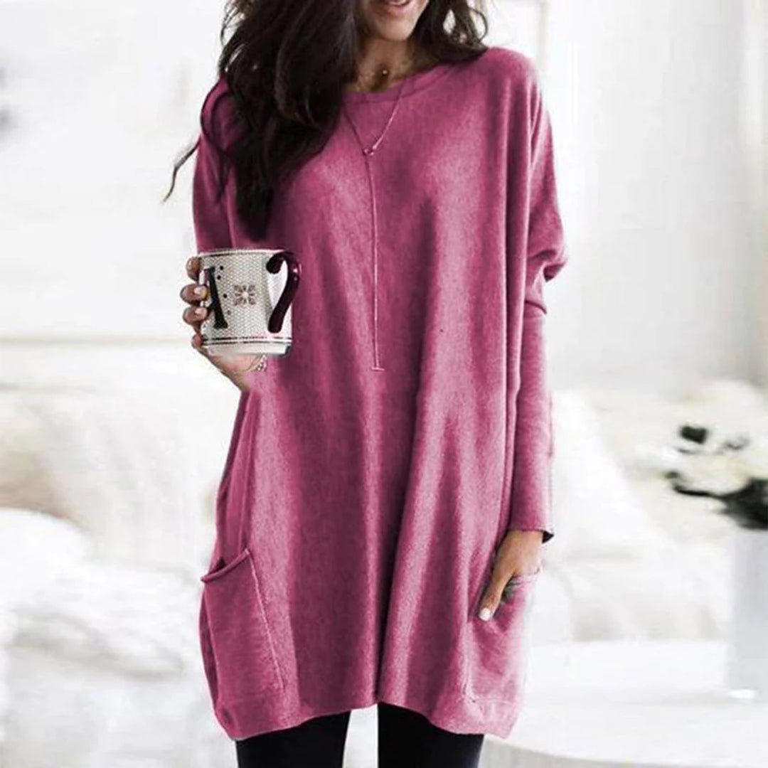 Dames Oversized Langarm Tunic met Zakken Ronde Hals - Roze