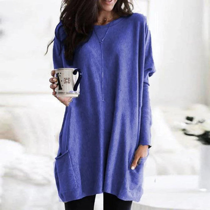 Dames Oversized Langarm Tunic met Zakken Ronde Hals - Blauw