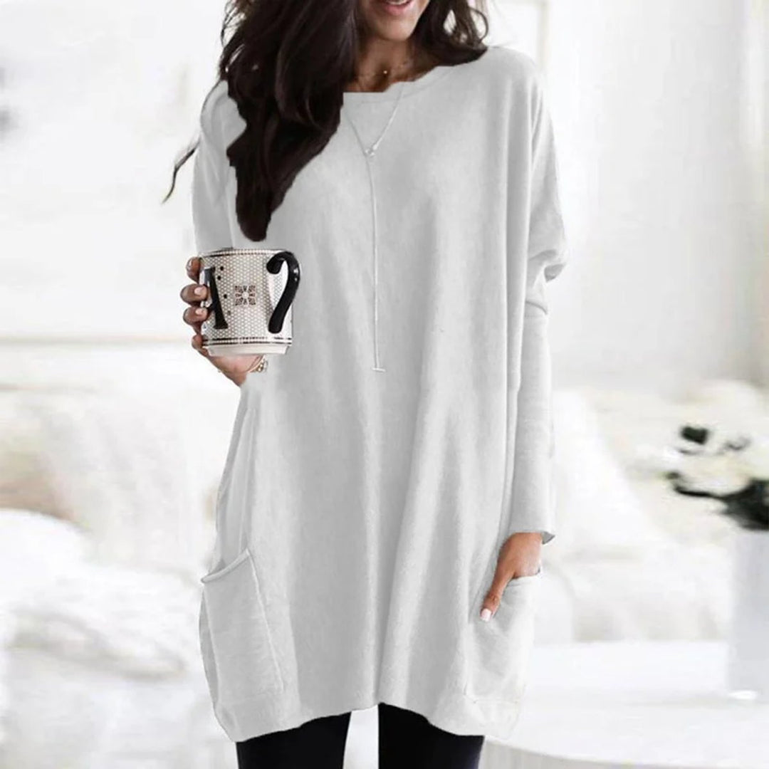 Dames Oversized Langarm Tunic met Zakken Ronde Hals - Wit