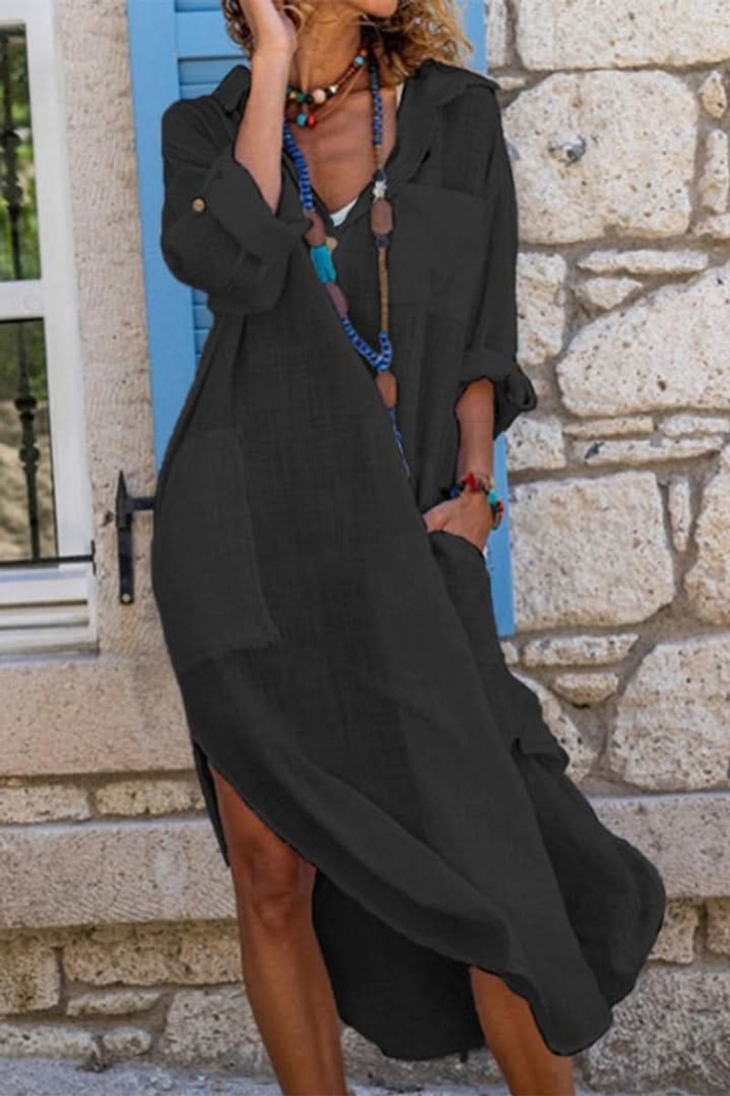 Dames Oversized Linnen Avondjurk Casual Midi - Zwart