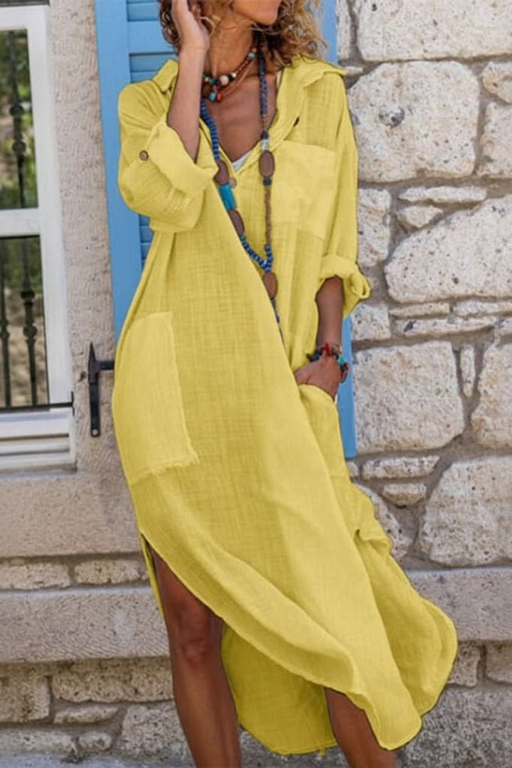 Dames Oversized Linnen Avondjurk Casual Midi - Geel